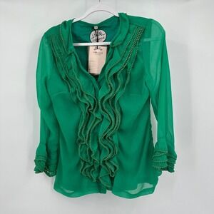 Almatrichi Womens Boho Ruffle Blouse EU 40 US 8 Green Romantic Flamenco Dramatic